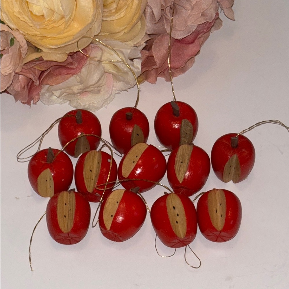 Apple Ornaments Tiny Wood Apples Set of 12 red Wooden Apples Vintage